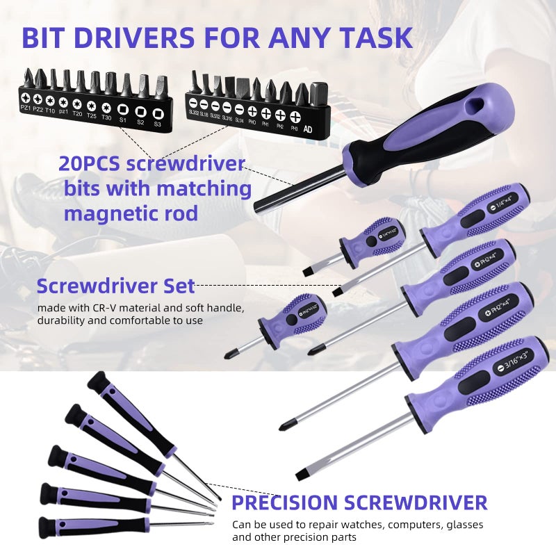 ACOSEA Purple Tool Set,223-Piece Tool Sets for Women,Tool Kit with 13-Inch Wide Mouth Open Purple Tool Bag,The Basic Tool Set is Perfect for Home Maintenance (PURPLE) - Image 4