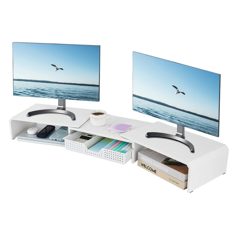 LEKETREE Dual Monitor Stand Riser with Drawer, Desk Organizer and Accessories, Metal Laptop Stand for Desk, Workspace Desktop Stand for Computer, Laptop, TV and More (White) - Image 1