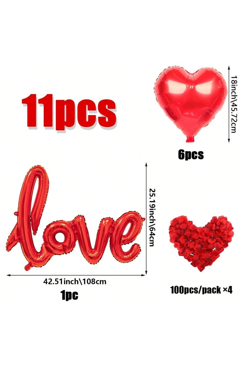فرحة مجموعة بالونات على شكل قلب بحجم 18 إنش باللون الأحمر وبالون على شكل كلمة "حب" باللون الأحمروبتلات الورود، مناسبة لتزيين حفلات الخطبة والزفاف والذكرى السنوية - Image 2
