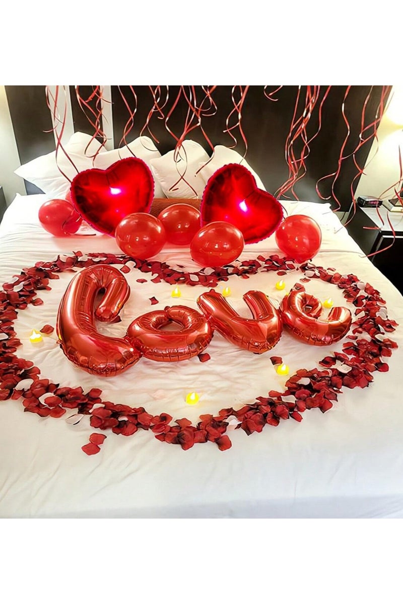 فرحة مجموعة بالونات على شكل قلب بحجم 18 إنش باللون الأحمر وبالون على شكل كلمة "حب" باللون الأحمروبتلات الورود، مناسبة لتزيين حفلات الخطبة والزفاف والذكرى السنوية - Image 4