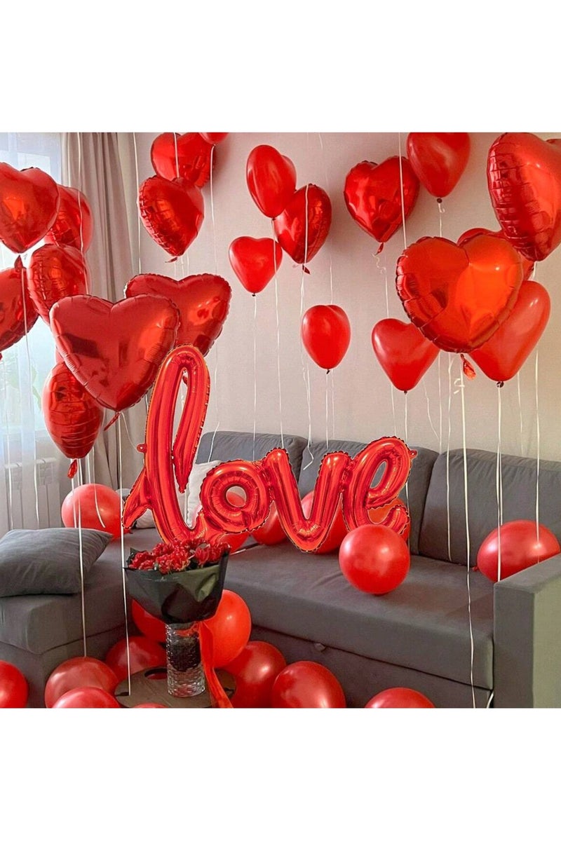 فرحة مجموعة بالونات على شكل قلب بحجم 18 إنش باللون الأحمر وبالون على شكل كلمة "حب" باللون الأحمروبتلات الورود، مناسبة لتزيين حفلات الخطبة والزفاف والذكرى السنوية - Image 5