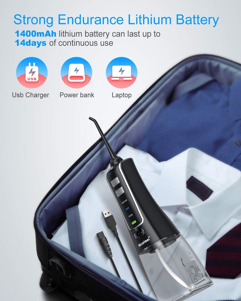 Nicefeel Cordless Water Flosser Teeth Cleaner, 300ML USB Rechargable Portable Oral Irrigator for Travel,Home 3-Modes IPX7 Waterproof Water Dental Flosser with 4 Jet Tips for Braces and Teeth Whitening - Image 5