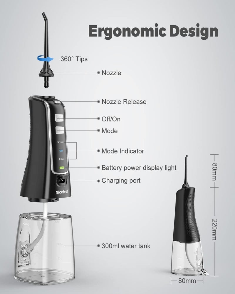 Nicefeel Cordless Water Flosser Teeth Cleaner, 300ML USB Rechargable Portable Oral Irrigator for Travel,Home 3-Modes IPX7 Waterproof Water Dental Flosser with 4 Jet Tips for Braces and Teeth Whitening - Image 2
