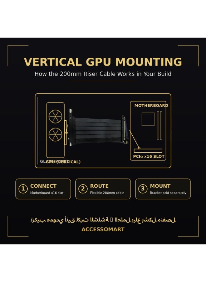 Accessomart PHANTOM R1 PCIe 5.0 Riser Cable 200mm x16 Gen 5, 90 Degree Right Angle GPU Extension, 128GB/s EMI Shielded, for Vertical GPU Mount ITX SFF PC Build, Compatible with PCIe 4.0/3.0 - Image 5