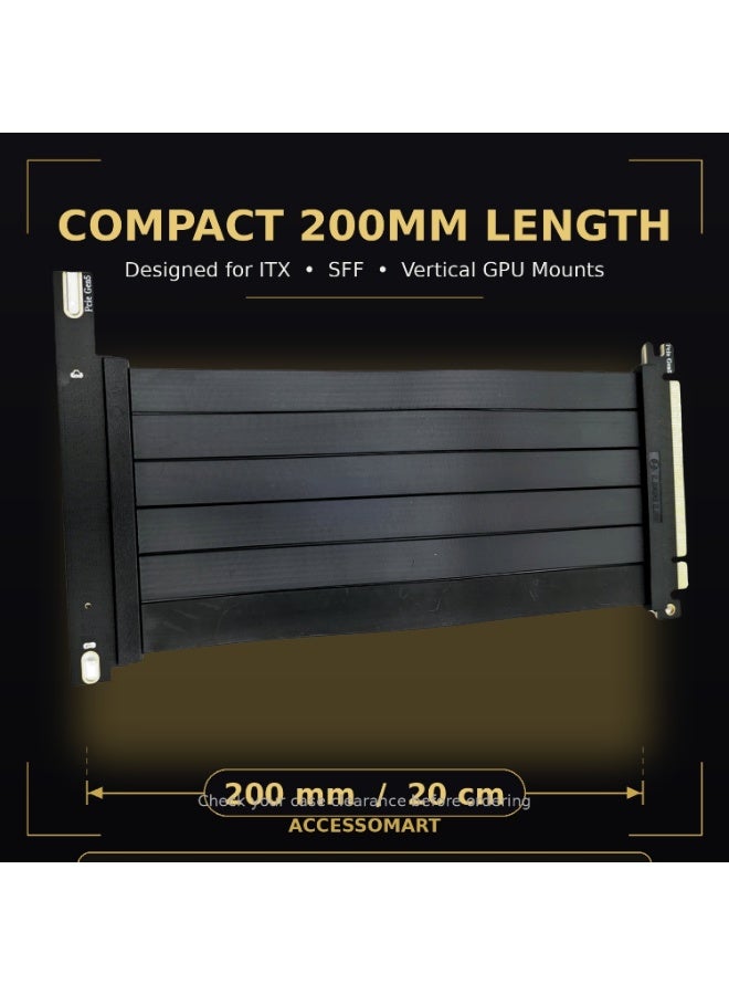 Accessomart PHANTOM R1 PCIe 5.0 Riser Cable 200mm x16 Gen 5, 90 Degree Right Angle GPU Extension, 128GB/s EMI Shielded, for Vertical GPU Mount ITX SFF PC Build, Compatible with PCIe 4.0/3.0 - Image 2