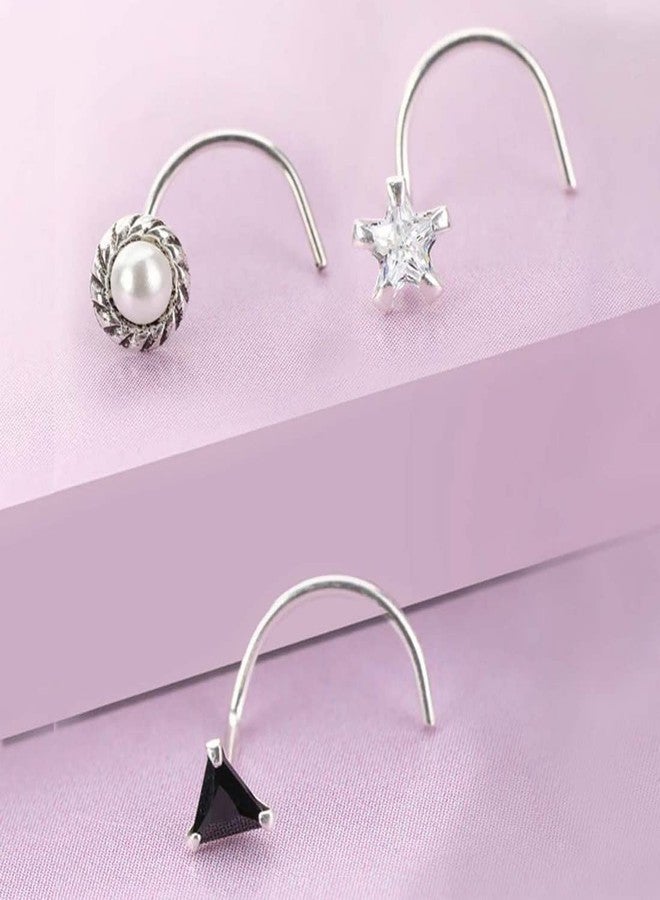 ZAVYA 925 Sterling Silver Set of 3 Nath Cubic Zirconia CZ and Pearl Rhodium Plated Rhodium Plated Nose Pins Combo | Gift for Women and Girls | With Certificate of Authenticity and 925 Hallmark - Image 2