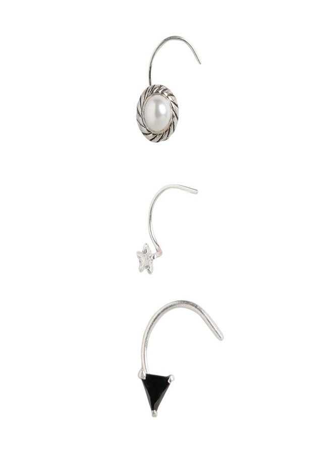 ZAVYA 925 Sterling Silver Set of 3 Nath Cubic Zirconia CZ and Pearl Rhodium Plated Rhodium Plated Nose Pins Combo | Gift for Women and Girls | With Certificate of Authenticity and 925 Hallmark - Image 1