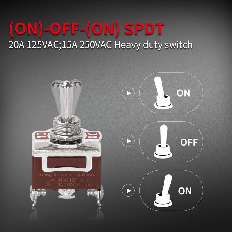 DAIERTEK Waterproof Momentary Toggle Switch (ON)-Off-(ON) 12V DC 20A Heavy Duty Marine SPDT Switch Rocker 3 Way 250V AC 15A with Weatherproof Boot Cap Cover for Auto Car Boat -4pcs - Image 3