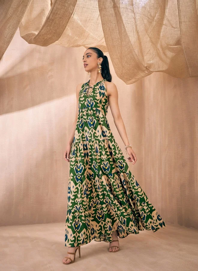 SASSAFRAS Green Ikat Print Fit and Flare Dress for Women