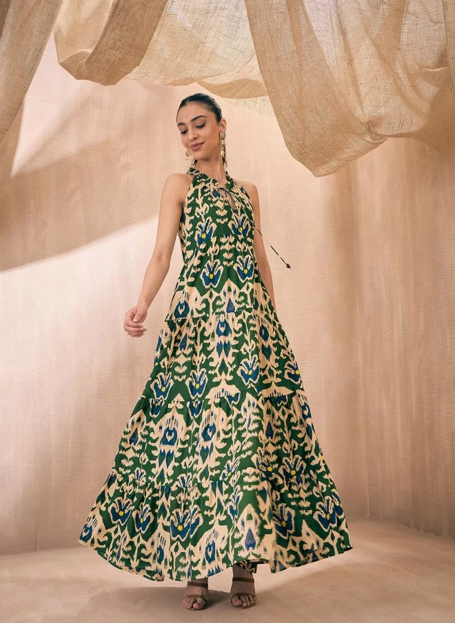 SASSAFRAS Green Ikat Print Fit and Flare Dress for Women