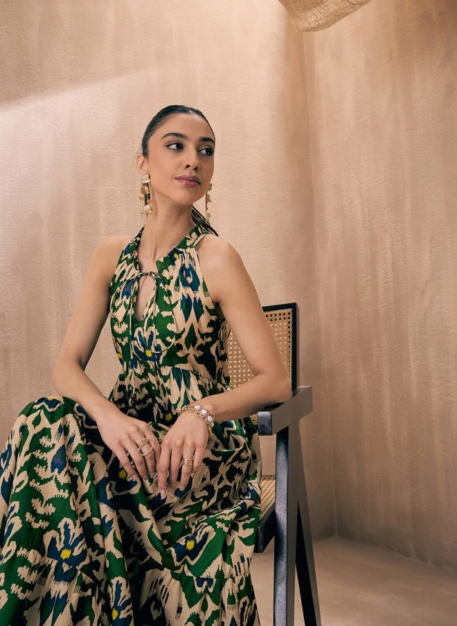 SASSAFRAS Green Ikat Print Fit and Flare Dress for Women
