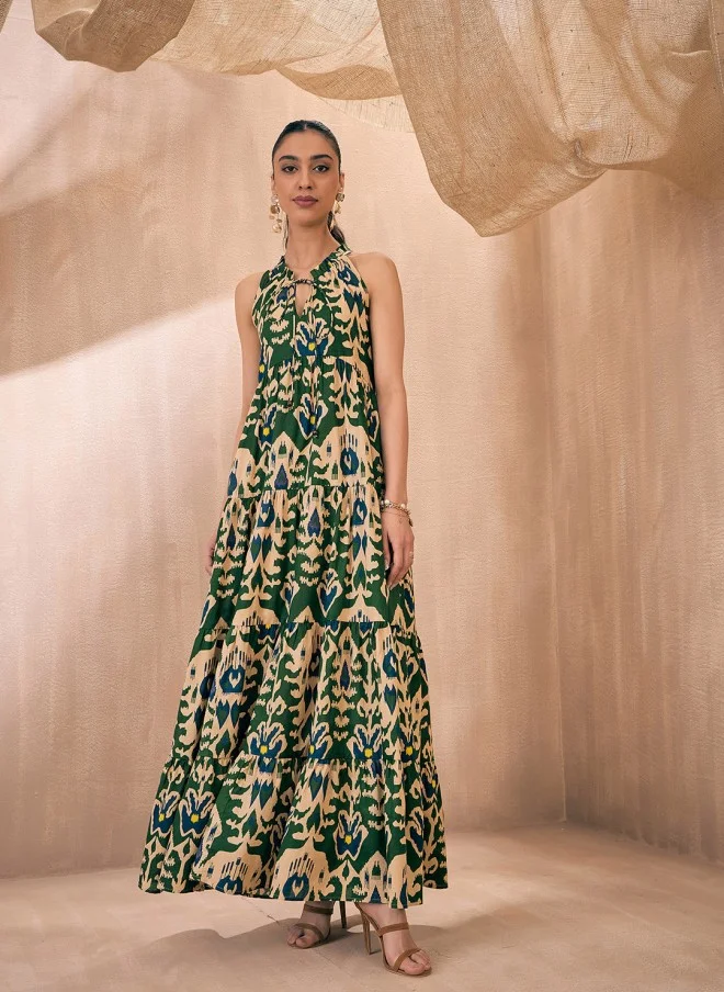 SASSAFRAS Green Ikat Print Fit and Flare Dress for Women