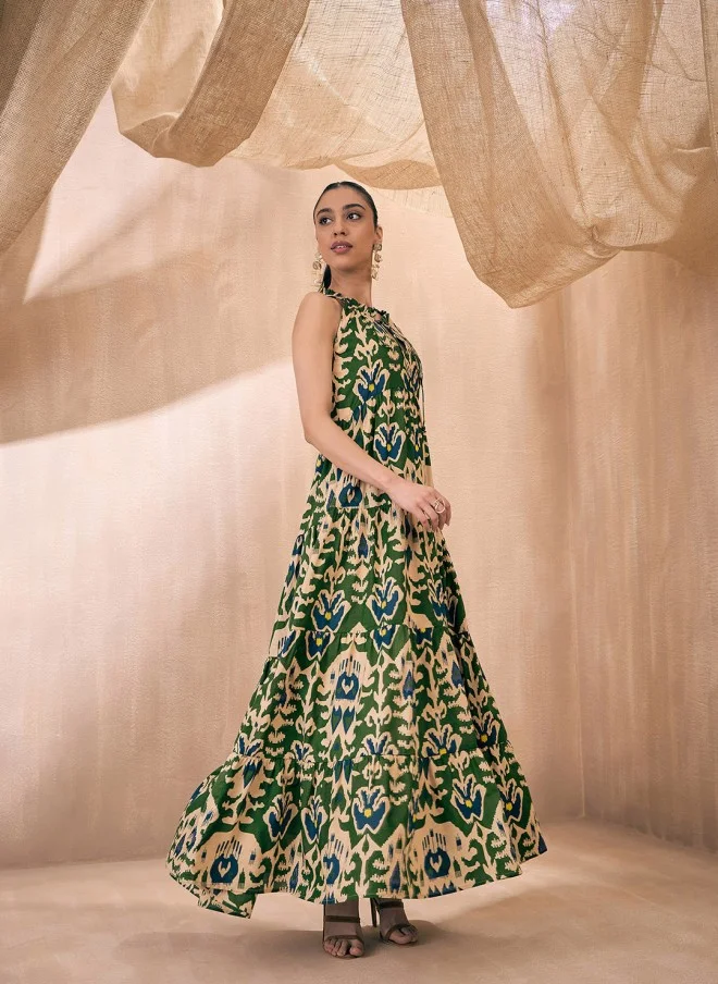 SASSAFRAS Green Ikat Print Fit and Flare Dress for Women