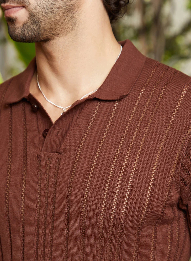 CAHOOT  Men's Chocolate Brown Stripe-Textured Polo T-Shirt For Casual Wear | Polo Neck | Short Regular Sleeves | Pull On Closure | T-Shirt Crafted With Comfort Fit For Everyday Wear for Men | Best Price UAE