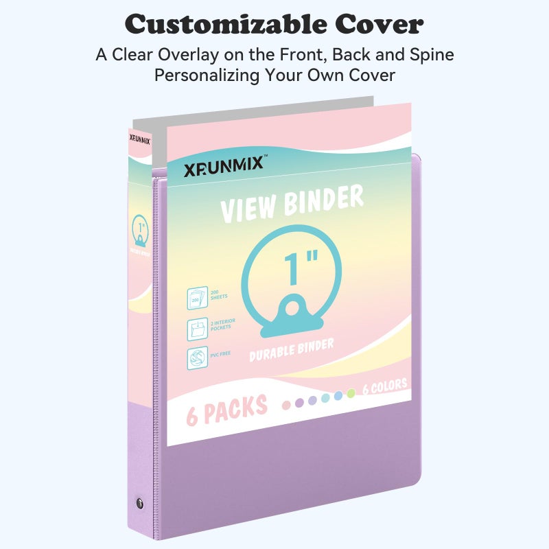 XRUNMIX 1-inch 3-Ring Binder with Pockets, Basic Binders 1'' Pastel Color Binders, Holds Letter Size 8.5'' x 11'',200 Sheet Capacity, Bundle 6 Pack for Back to School (1-Inch) - Image 4
