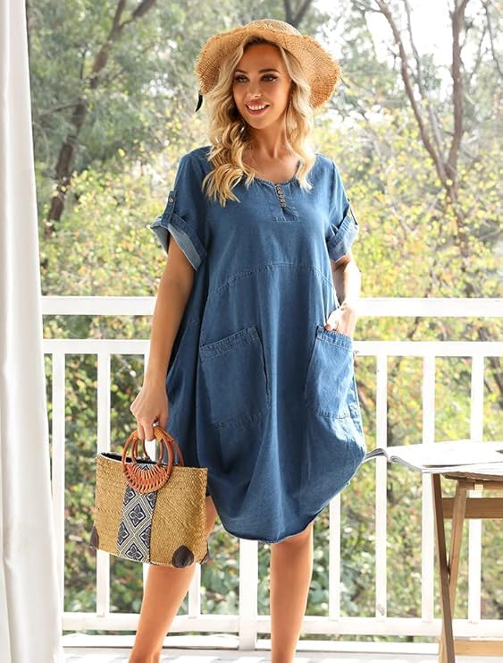 Minibee Women's Ruffle Oversize Casual Midi Dresses with Pockets (2XL, Denim Blue) - Image 5