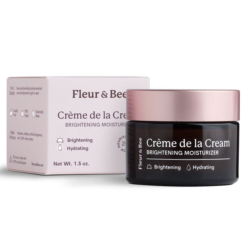 Fleur & Bee مرطب مضيء من فلور & بي | نظيف، 100% نباتي | كريم مضاد للشيخوخة، كريم تجاعيد مع فيتامين C | مصحح للتجاعيد، فرط التصبغ والبقع الداكنة للوجه | كريم دي لا كريم 1.5 أونصة - Image 1