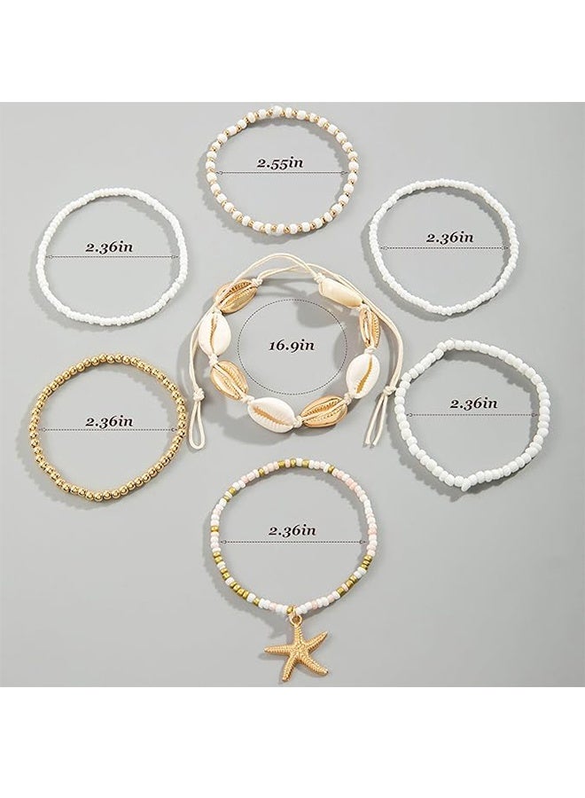 7-Piece Shell Bracelet, Bohemian Starfish Bracelets Beach Charm Bracelets Summer Ankle Bracelets Boho Foot Chains, Anklet Set for Women - Image 3