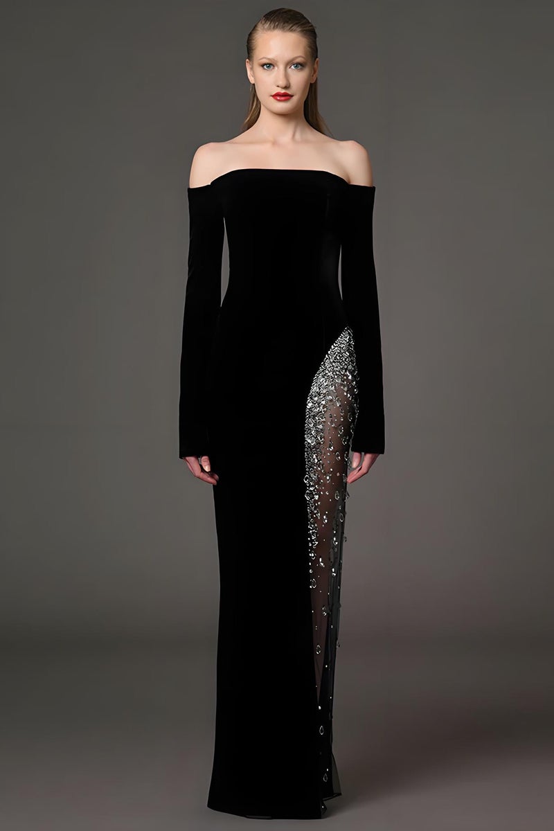 Loquat Women's Off Shoulder Rhinestone Decoration Evening Party Wedding Maxi Gown Dresses Black - Image 1