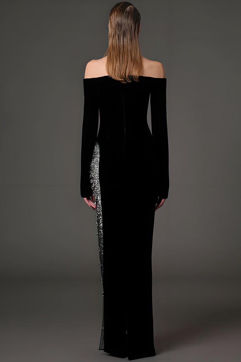 Loquat Women's Off Shoulder Rhinestone Decoration Evening Party Wedding Maxi Gown Dresses Black - Image 2