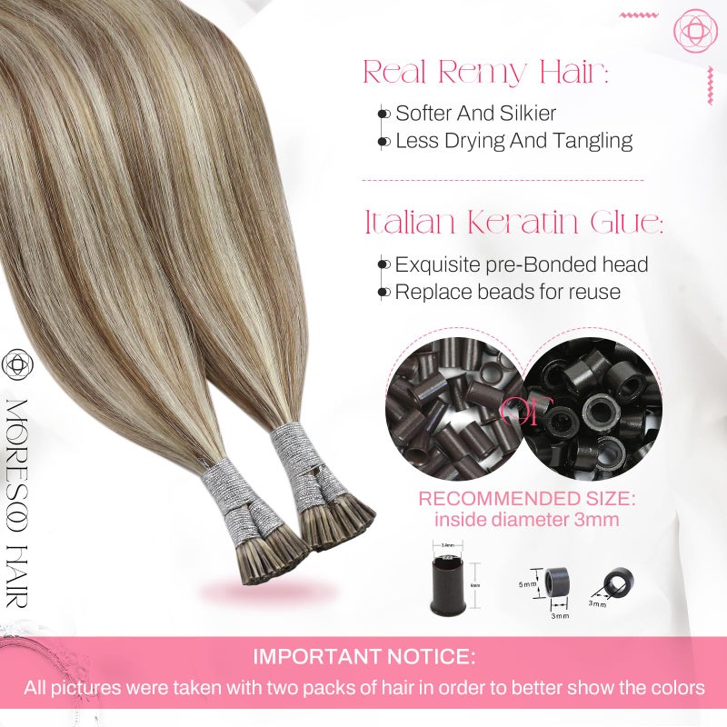Moresoo Itip Human Hair Extensions Light Brown with Platinum Blonde Highlight I Tip Hair Extensions Human Hair Brown I Tip Extensions Real Human Hair for Women 40G/50S 20 Inch - Image 3