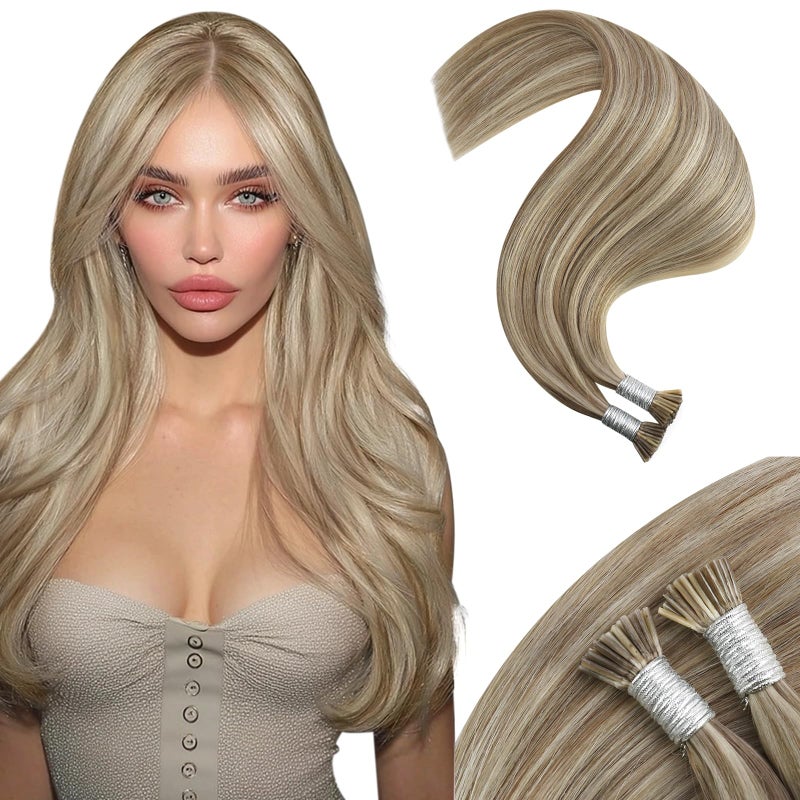 Moresoo Itip Human Hair Extensions Light Brown with Platinum Blonde Highlight I Tip Hair Extensions Human Hair Brown I Tip Extensions Real Human Hair for Women 40G/50S 20 Inch - Image 1