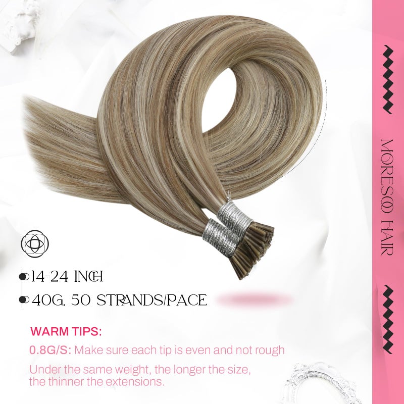 Moresoo Itip Human Hair Extensions Light Brown with Platinum Blonde Highlight I Tip Hair Extensions Human Hair Brown I Tip Extensions Real Human Hair for Women 40G/50S 20 Inch - Image 2