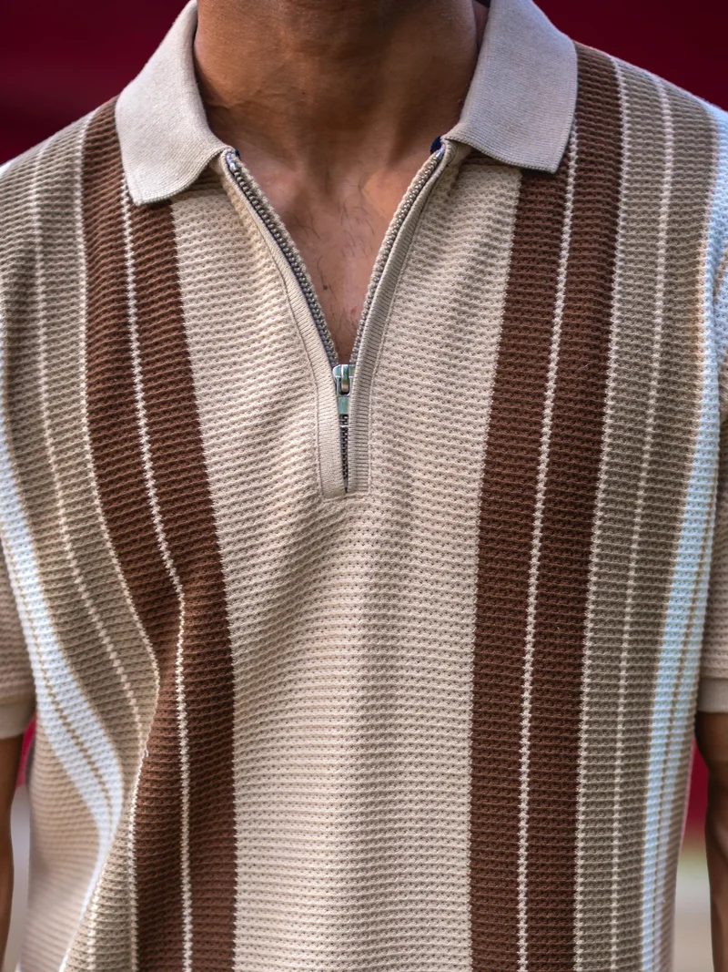 Maniac Maniac Mens Vertical Stripe Polo Neck Half Sleeve Biscuit Half Zipper Cottonblend T-Shirt