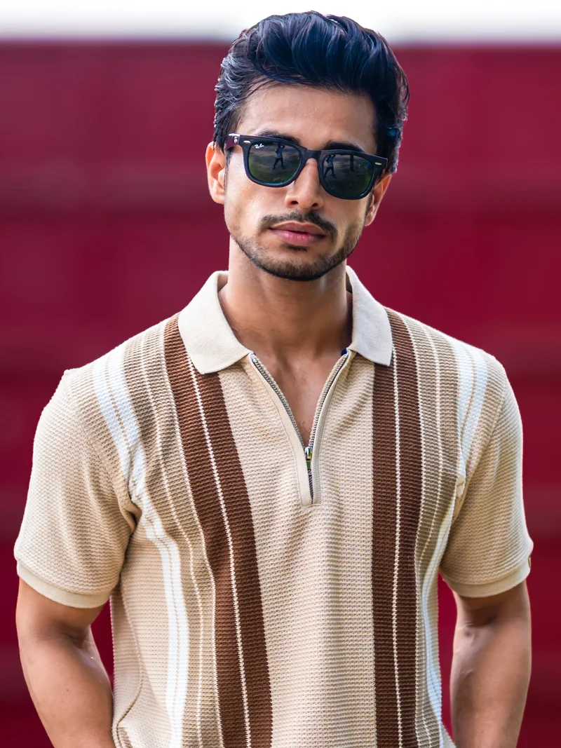 Maniac Maniac Mens Vertical Stripe Polo Neck Half Sleeve Biscuit Half Zipper Cottonblend T-Shirt