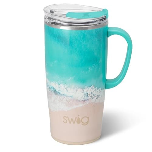 Swig Life 22oz Travel Mug Insulated Tumbler with Handle and Lid Travel Coffee Mug Cup Holder Friendly Stainless Steel 22 oz Tumbler Reusable Insulated with Lid High Tide - Image 1