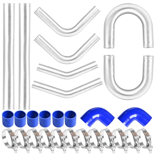 Autoptzxd 3 Inch Intercooler Kit Universal Aluminum Turbo Intercooler UPipe Kit with Coupler and TClamps DIY Pipe Length 1969 Blue - Image 1