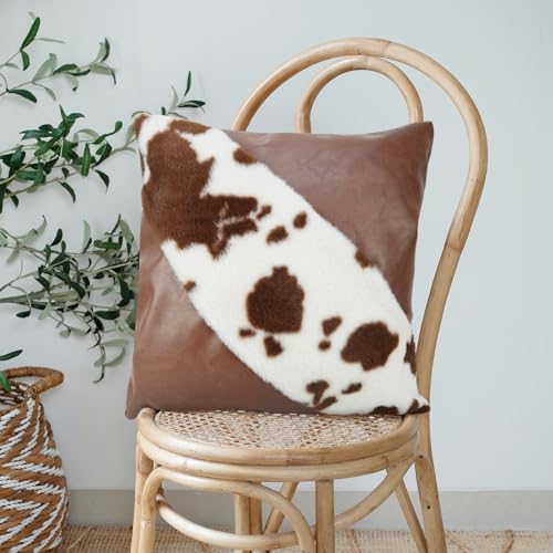 TOMWISH Faux Fur and Artificial Leather Throw Pillow Covers 18x18 Set of 2,Western Decor Christmas Decorative Modern Throw Pillows for Bedroom Living Room Sofa Car Cushion Cover(White and Brown) - Image 3