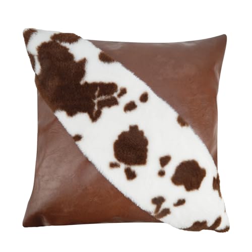 TOMWISH Faux Fur and Artificial Leather Throw Pillow Covers 18x18 Set of 2,Western Decor Christmas Decorative Modern Throw Pillows for Bedroom Living Room Sofa Car Cushion Cover(White and Brown) - Image 2