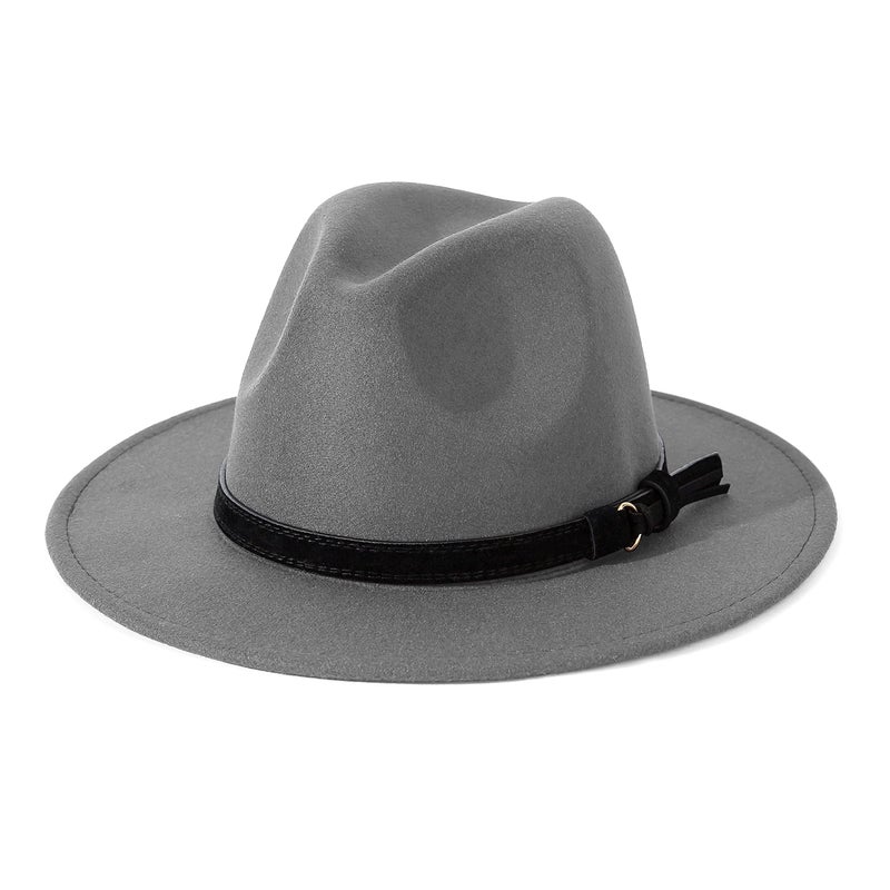 Lisianthus Men & Women Vintage Wide Brim Fedora Hat with Belt Buckle (B-Light Grey, L; Hat Circumference: 59-60cm (for Men)) - Image 1