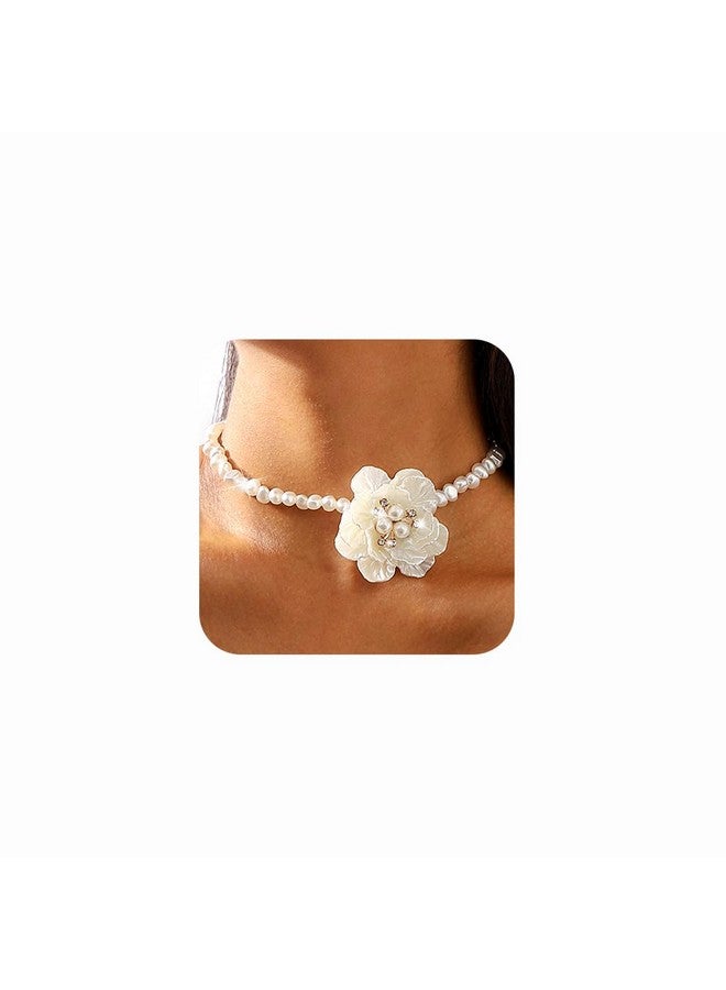 Gangel Big Flower Necklace Choker Pearl Choker Necklace White Flower Necklaces Choker Vintage Floral Choker Prom Flowers Necklace Jewelry For Women - Image 1