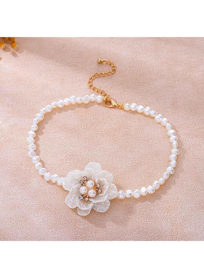 Gangel Big Flower Necklace Choker Pearl Choker Necklace White Flower Necklaces Choker Vintage Floral Choker Prom Flowers Necklace Jewelry For Women - Image 5
