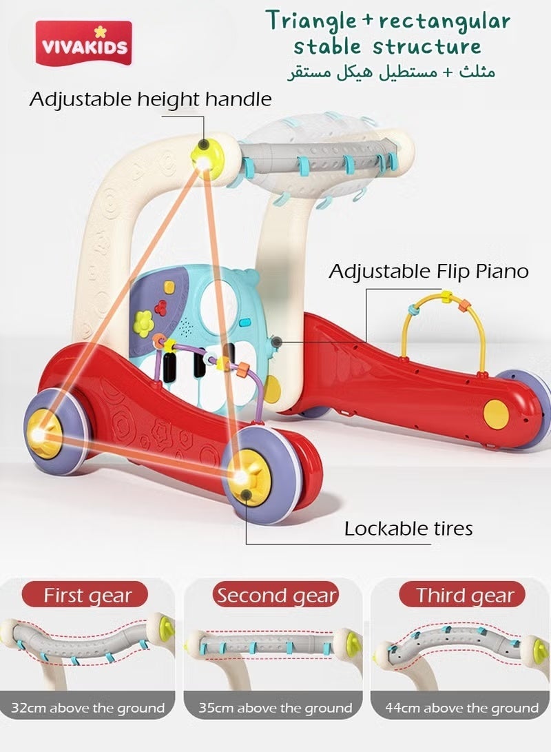 VIVAKIDS 3-in-1 Baby Walker & Play Gym – Musical Piano Playmat, Tummy Time Activity Center & Learning Stroller for Infants and Toddlers - Image 3