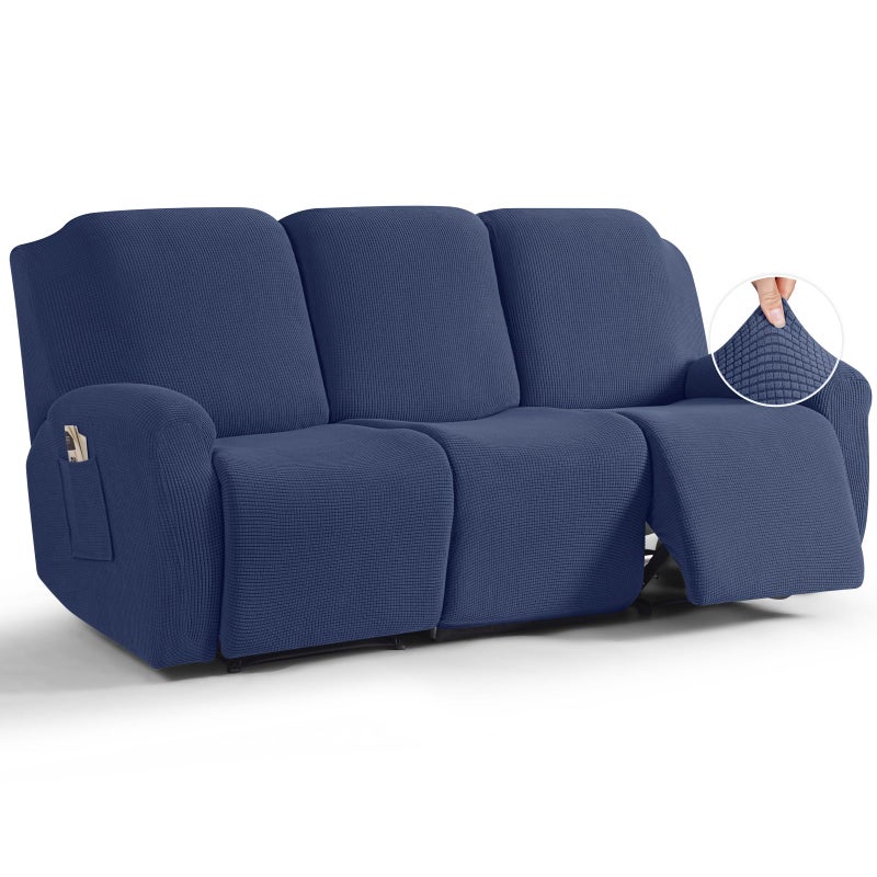 TAOCOCO Recliner Sofa Covers 8Pieces Stretch Large Couch Covers for 3 Seats Reclining Slipcovers Soft Jacquard Pattern Furniture Protector Navy Blue