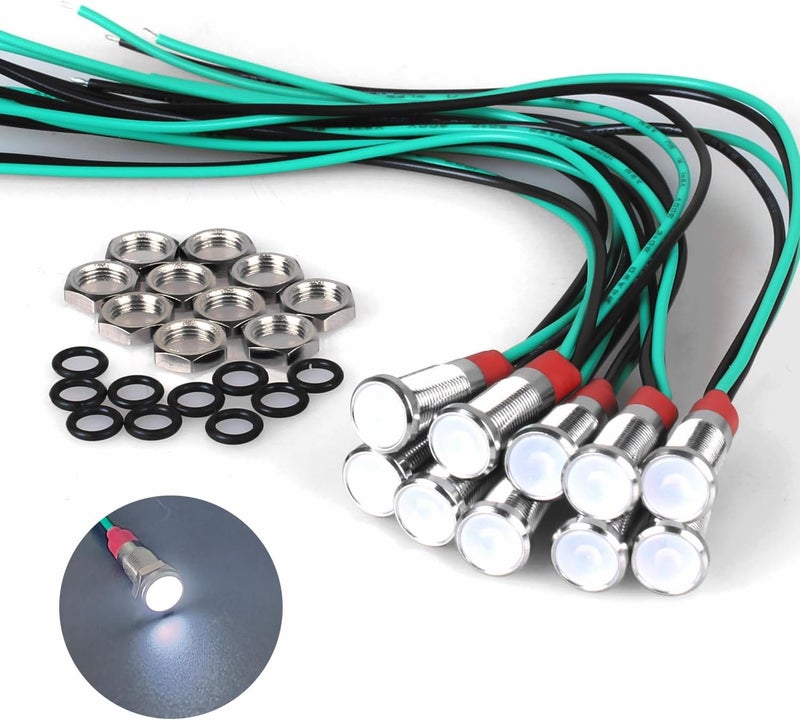 DMWD 10Pcs 6mm (1/4") Energy Saving LED Indicator Light 110V-220V 20mA Meatl Waterproof Wide Flat Head Signal Lamp Pilot Dash Directional with Wire （White LED 10Pcs） - Image 1