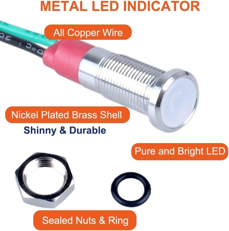 DMWD 10Pcs 6mm (1/4") Energy Saving LED Indicator Light 110V-220V 20mA Meatl Waterproof Wide Flat Head Signal Lamp Pilot Dash Directional with Wire （White LED 10Pcs） - Image 3