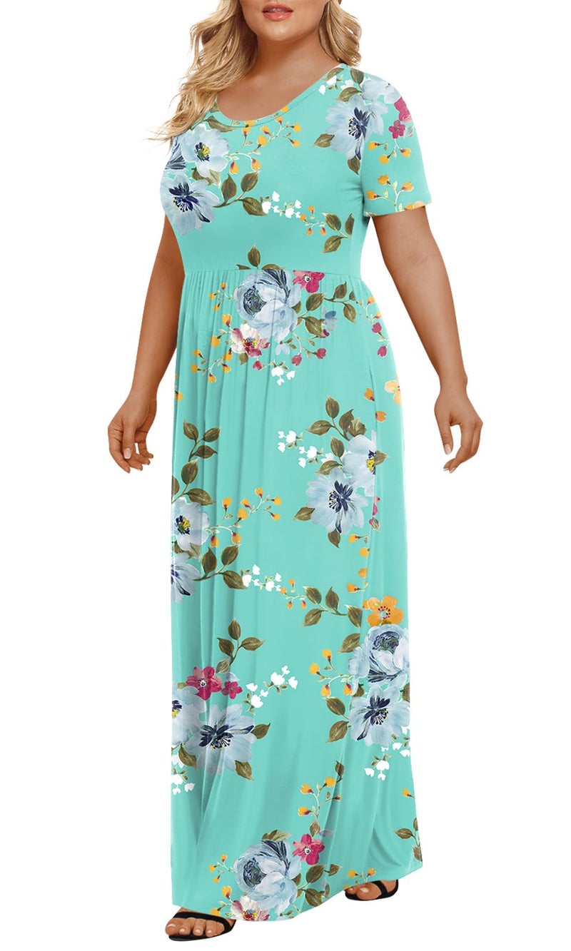 LONGYUAN Women's Plus Size Maxi Dresses for Curvy Women Summer Short Sleeve Casual 2026 Long Dress Mint Green 4XL - Image 2