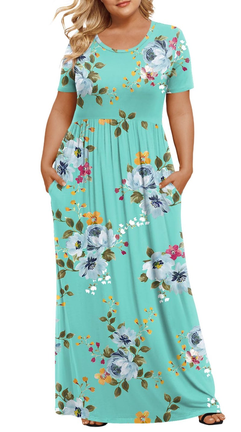 LONGYUAN Women's Plus Size Maxi Dresses for Curvy Women Summer Short Sleeve Casual 2026 Long Dress Mint Green 4XL - Image 1