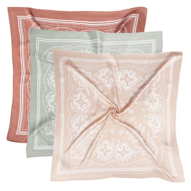 VANLINKER 3 Pcs 27.5 Inches Silk Head Scarf for Women Men Vintage Bandanas Satin Hair Scarf Silk Wrap Scarf Neckerchief Square Scarves VL9549 Caramel+Sage Green+Oatmeal - Image 1