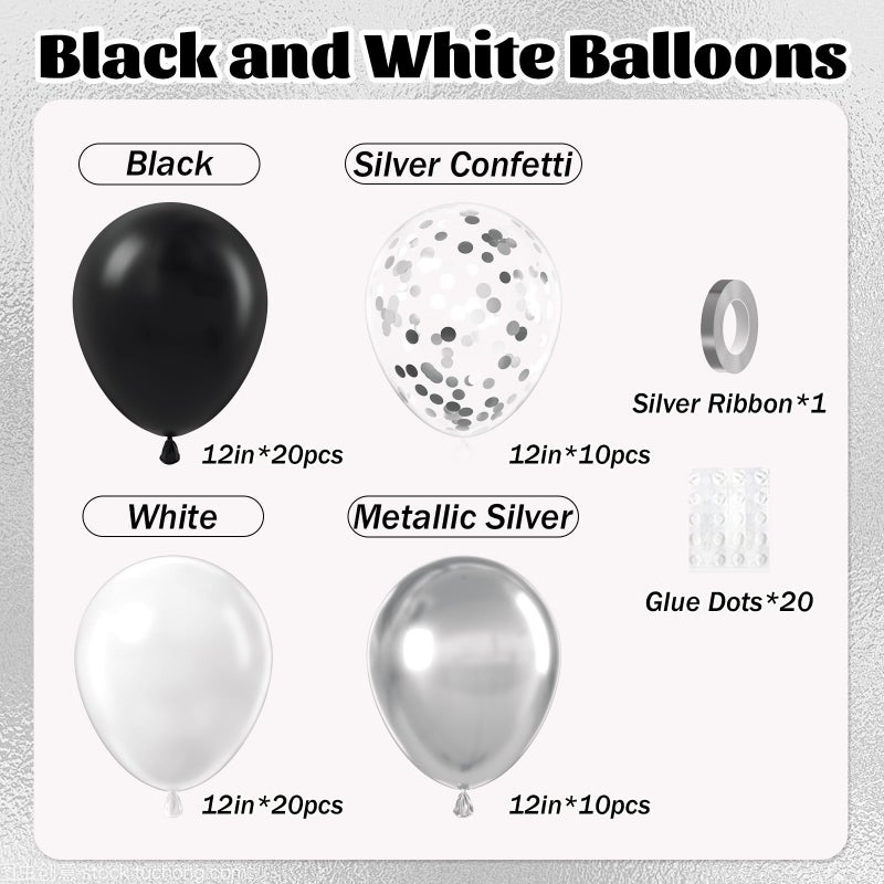 awenztech 60pcs Black and Silver Balloons 12inch, Black and White Balloons with Metallic Silver Confetti Balloons for Baby Shower Wedding Birthday Graduation Party Decorations - Image 2