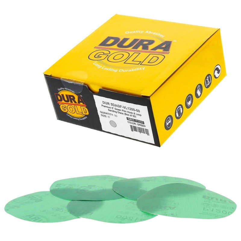 DuraGold Premium 5 Green Film Sanding Discs 1200 Grit Box of 50 Hook Loop Backing Sandpaper Discs for DA Sanders Finishing Cut Abrasive Sand Automotive Paint Car Detailing Woodworking Wood