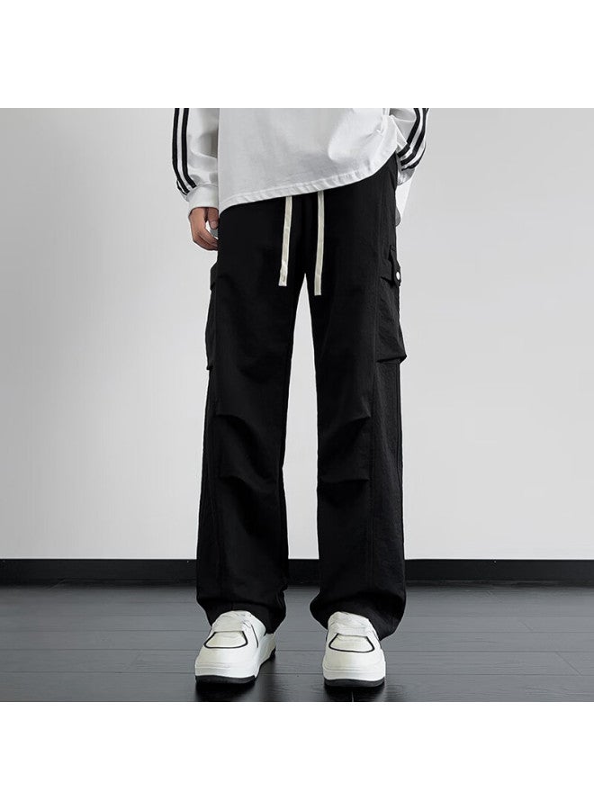 Dingfengbaoluo Men's American Casual Workwear Pants Spring Summer Trendy Wide Leg Straight Pants Functional Paratrooper Trousers Dfk73 Black 2XL - Image 2