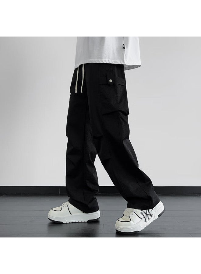 Dingfengbaoluo Men's American Casual Workwear Pants Spring Summer Trendy Wide Leg Straight Pants Functional Paratrooper Trousers Dfk73 Black 2XL - Image 3
