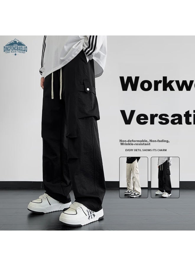 Dingfengbaoluo Men's American Casual Workwear Pants Spring Summer Trendy Wide Leg Straight Pants Functional Paratrooper Trousers Dfk73 Black 2XL - Image 1