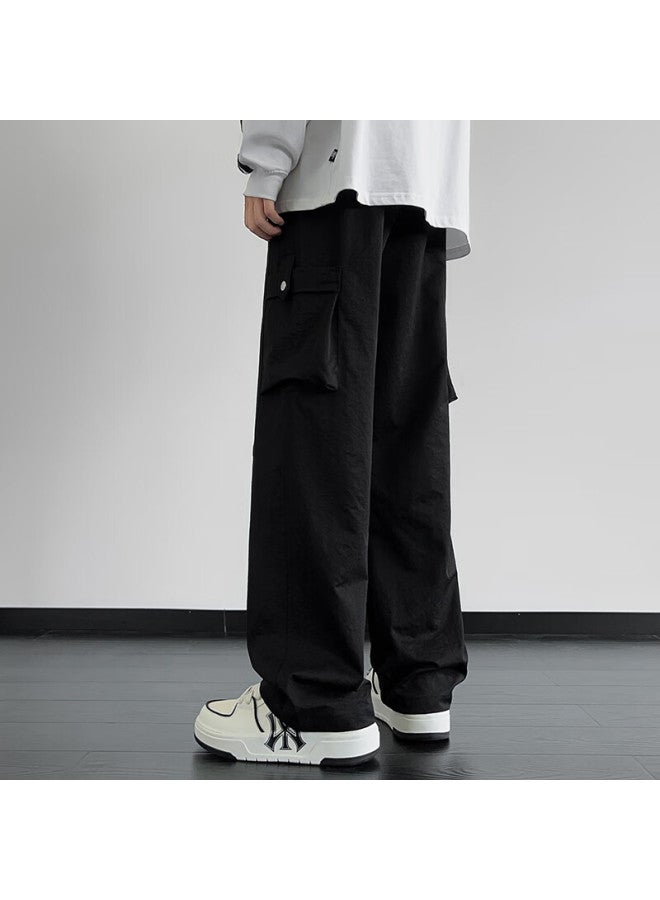 Dingfengbaoluo Men's American Casual Workwear Pants Spring Summer Trendy Wide Leg Straight Pants Functional Paratrooper Trousers Dfk73 Black 2XL - Image 4