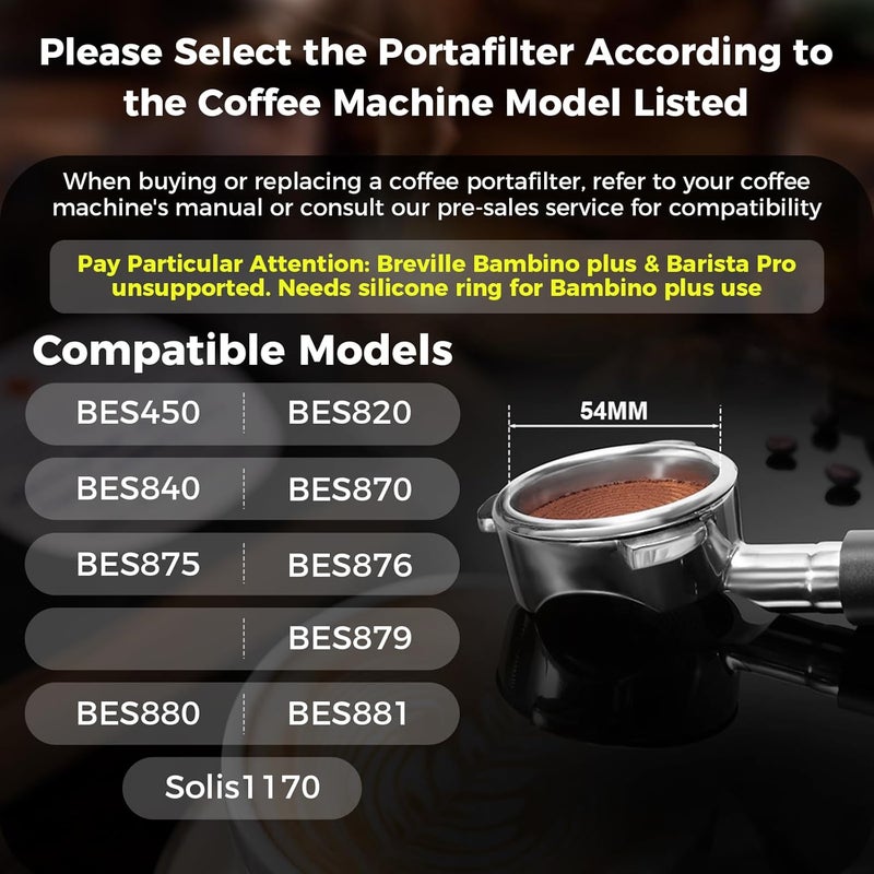 IKAPE 54mm مقبض مرشح بدون قاع، مناسب لآلات سلسلة Breville Barista BES870/880 مقاس 54mm وآلات Solis Barista (يشمل سلة فلتر بسعة 18 جرام) - Image 2